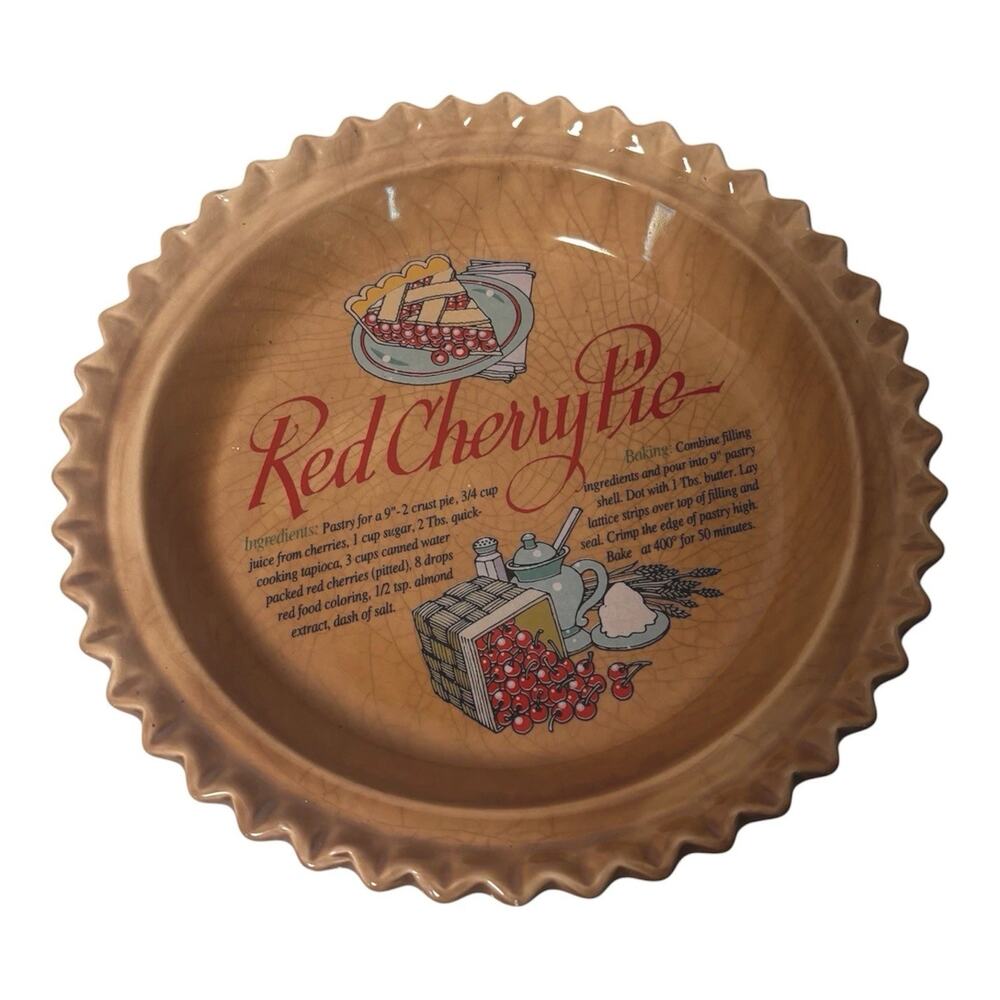 Vintage Red Cherry Pie Baking Dish 10" Ceramic Recipe Plate Universal Trumps